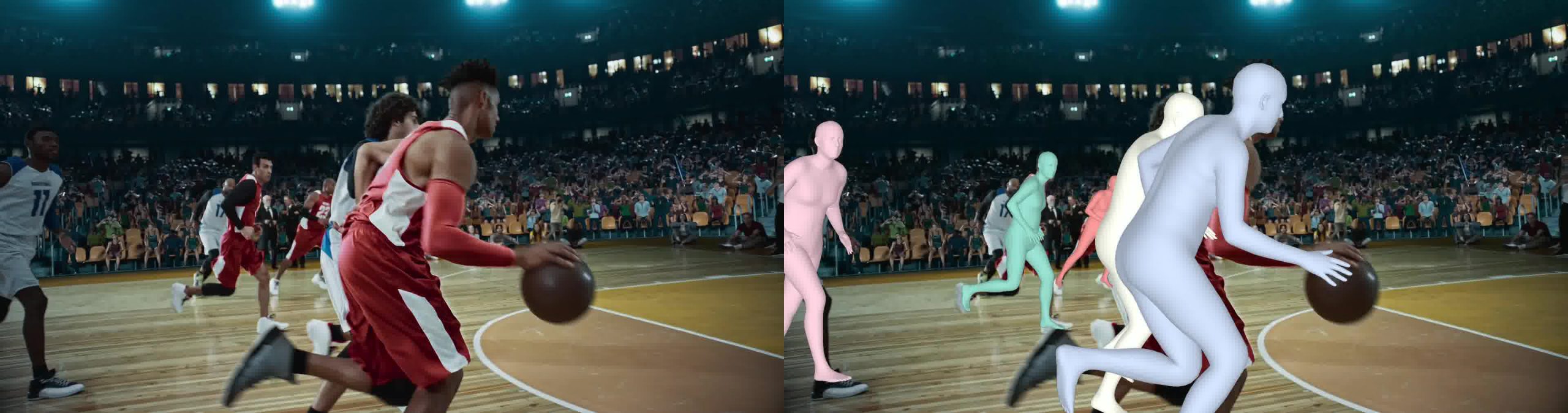 An image of basketball players and a 3D animation