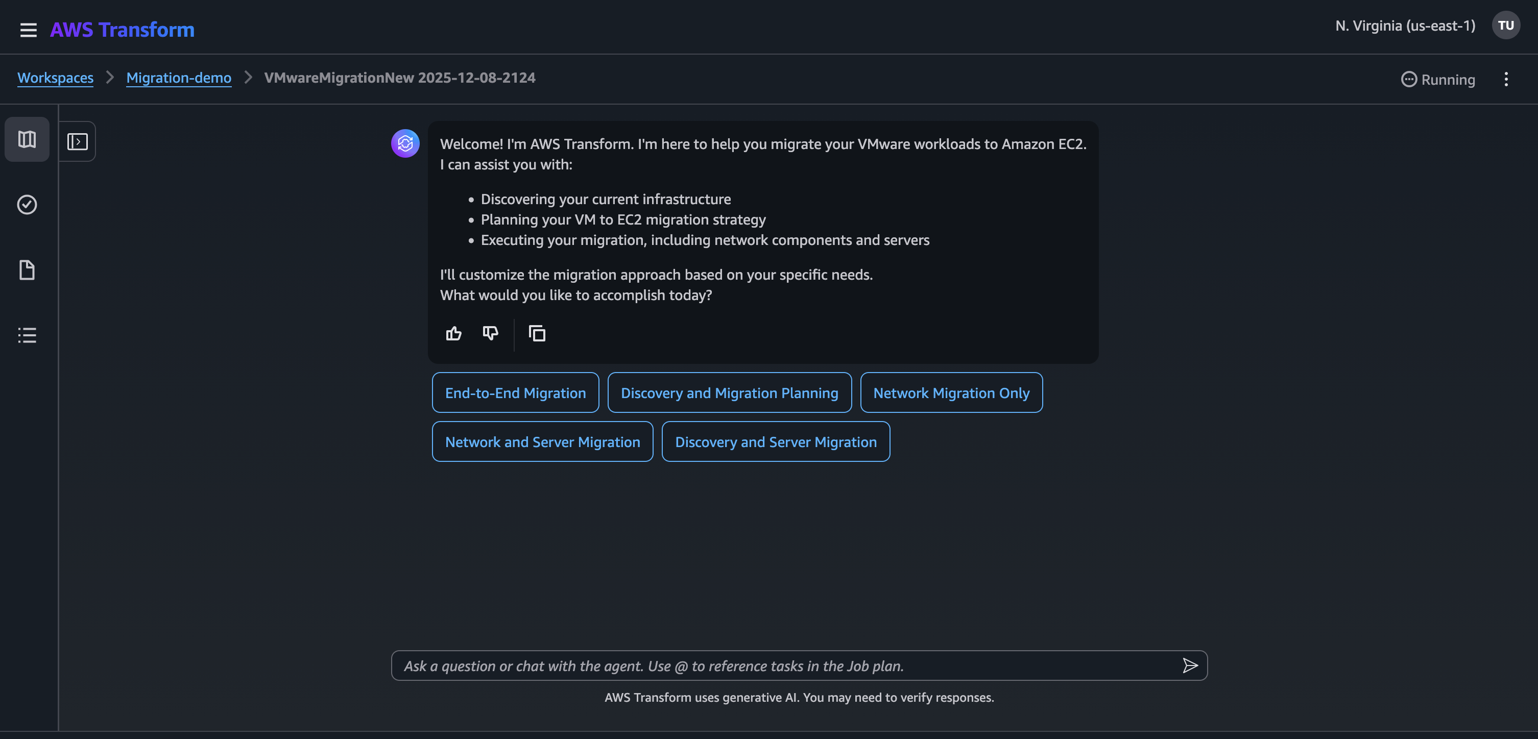  Screenshot of AWS Transform for VMware job options showing selectable migration types