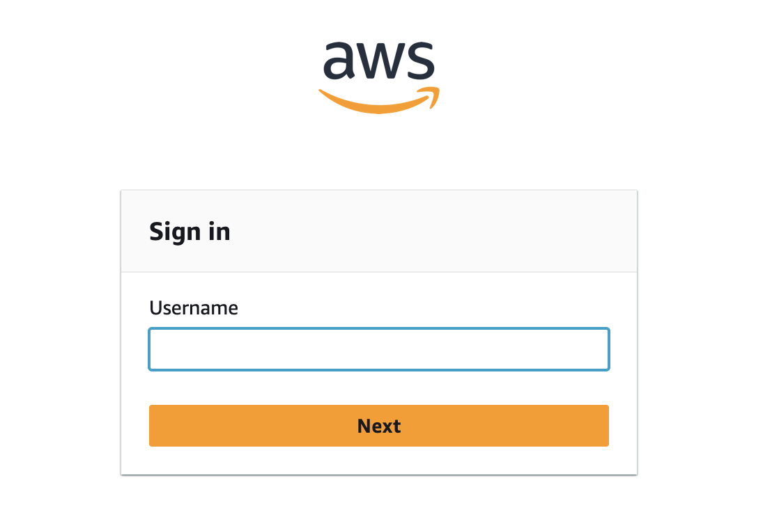 AWS authentication sign-in page with username input field