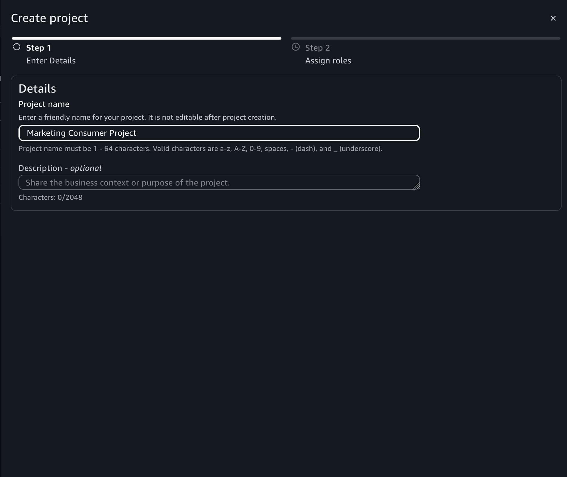 Amazon DataZone Create project dialog showing Step 1 "Enter Details" with required Project name field containing "Marketing Consumer Project" (1-64 characters, a-z, A-Z, 0-9, spaces, dashes, underscores allowed) and optional Description field with 0/2048 character count, followed by Step 2 "Assign roles". 
