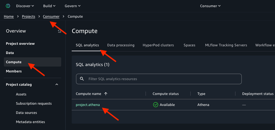 Consumer project Compute page: SQL analytics tab showing project.athena resource with Available status and navigation arrows