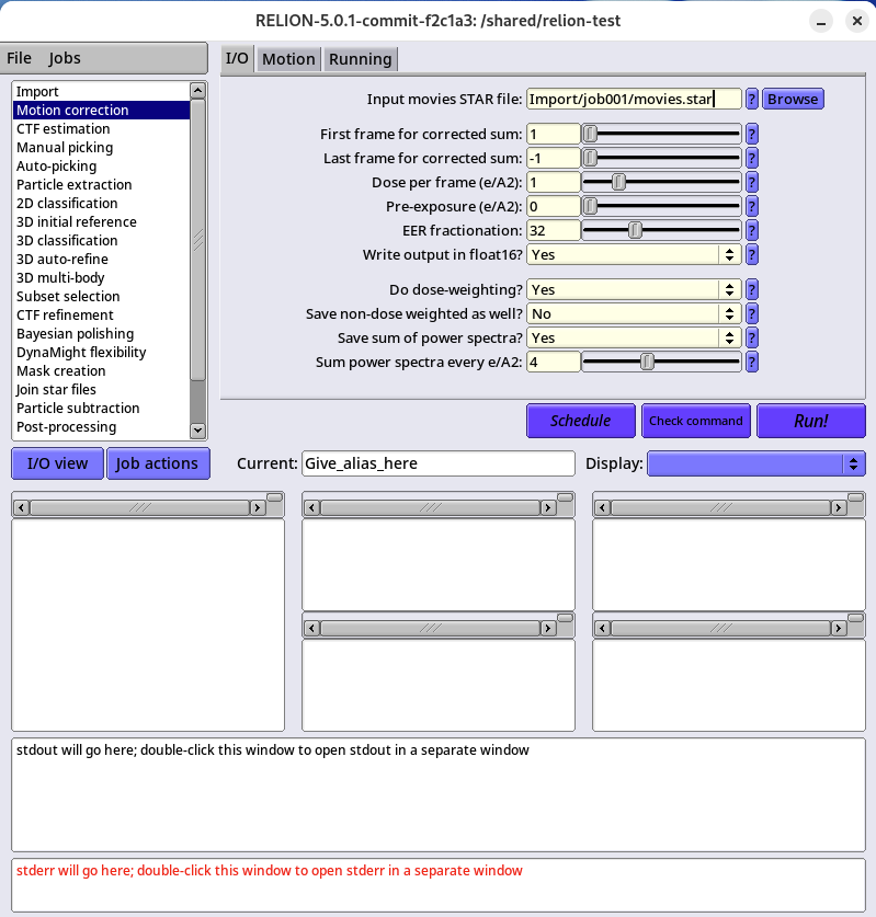RELION GUI Motion Correction設定画面
