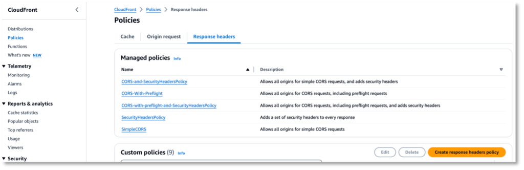  図 1：CloudFront レスポンスヘッダーポリシー