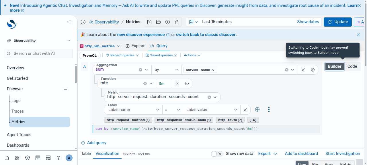 Discover Metrics の Builder で RED メトリクスの PromQL を組み立てる。PromQL を覚えていなくてもドロップダウンの選択でクエリが完成する