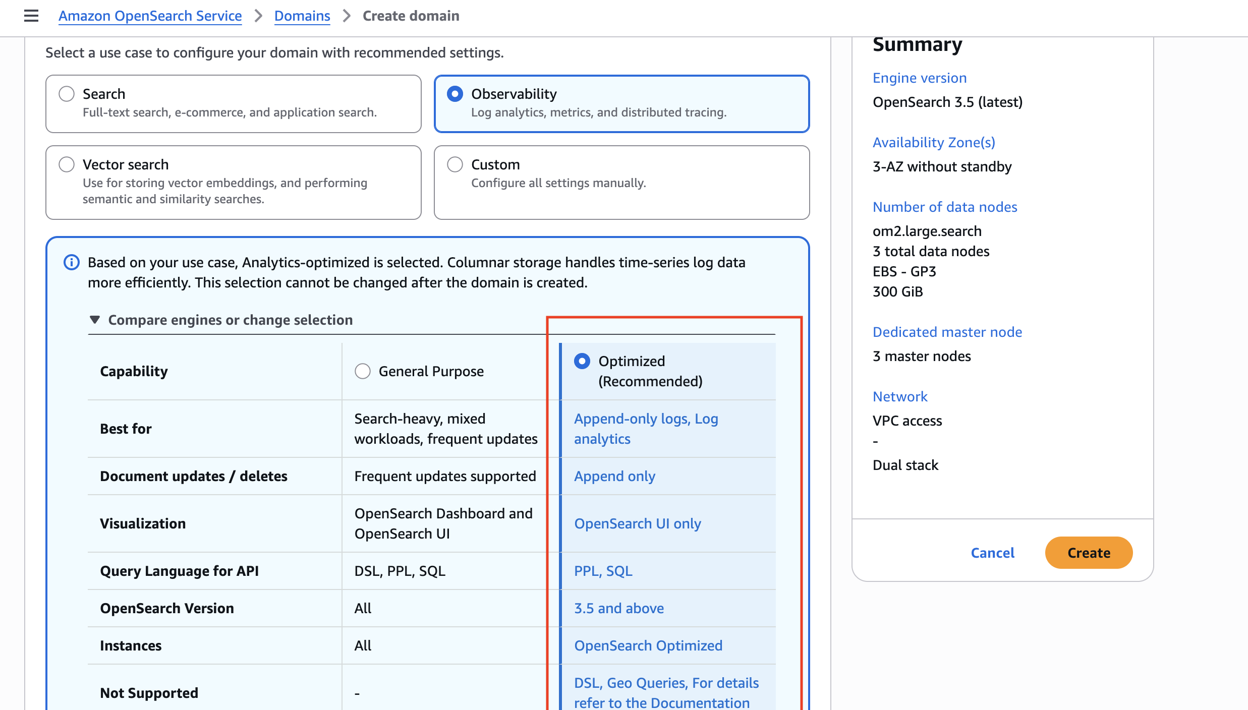 Amazon OpenSearch Service console showing the Observability use case selected with a side-by-side comparison of engine capabilities