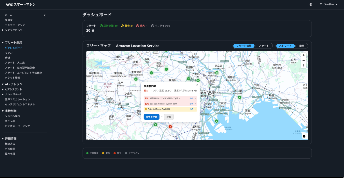 フリートマップ(Amazon Location Serviceによる機体位置・状態表示)