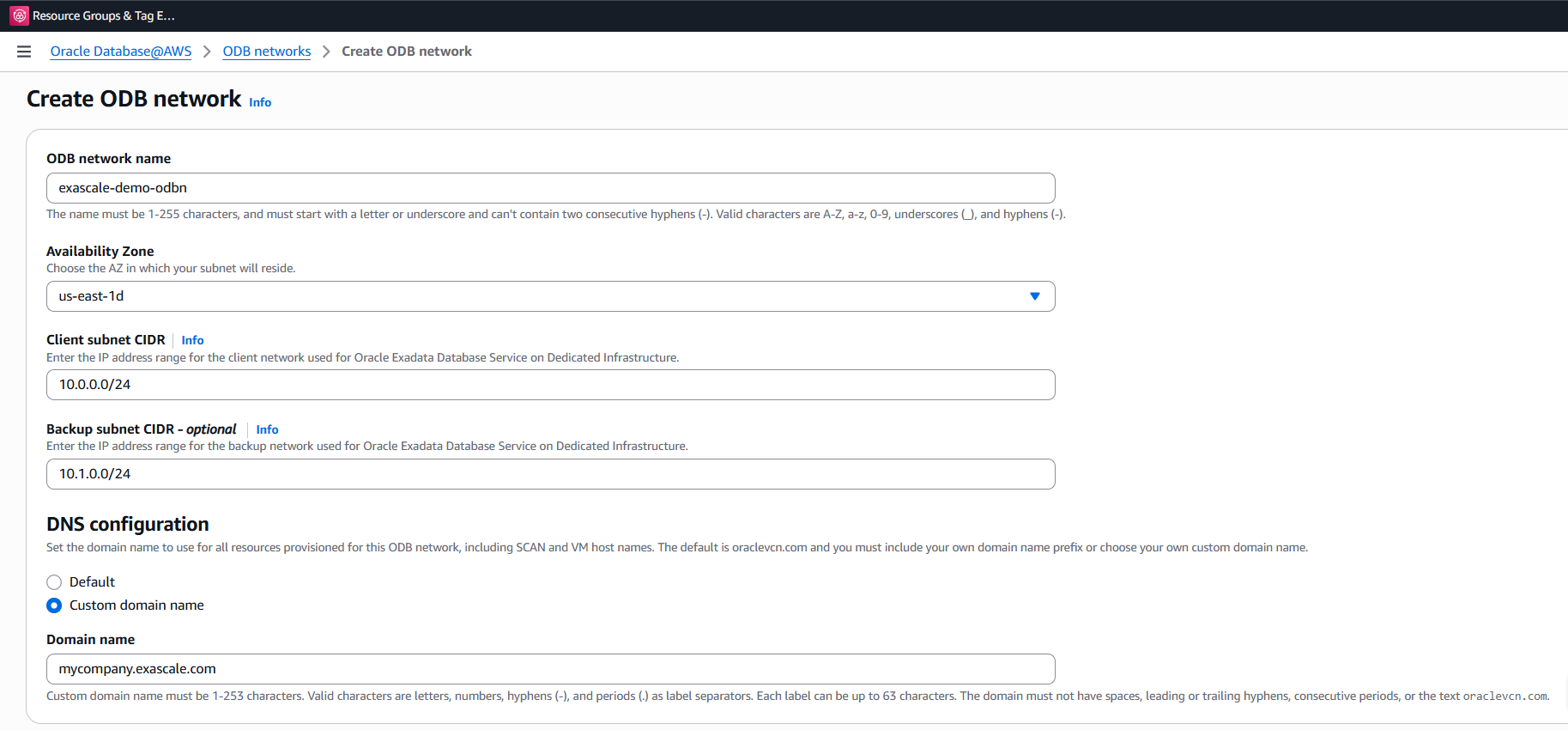 Create ODB network page showing the network name, Availability Zone, and client and backup subnet CIDR fields