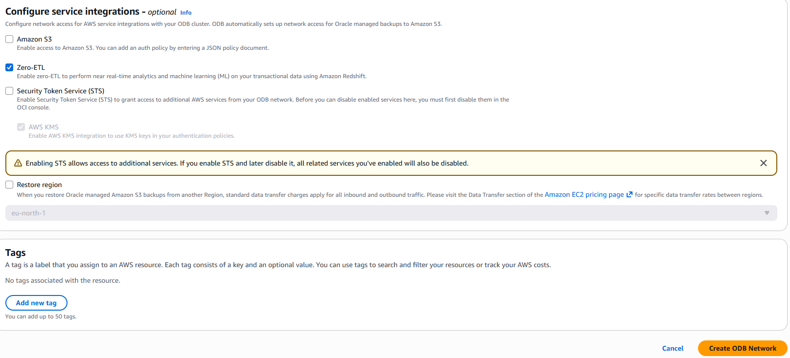 ODB network service integrations section with Amazon S3, zero-ETL, and AWS KMS options and the Create ODB Network button