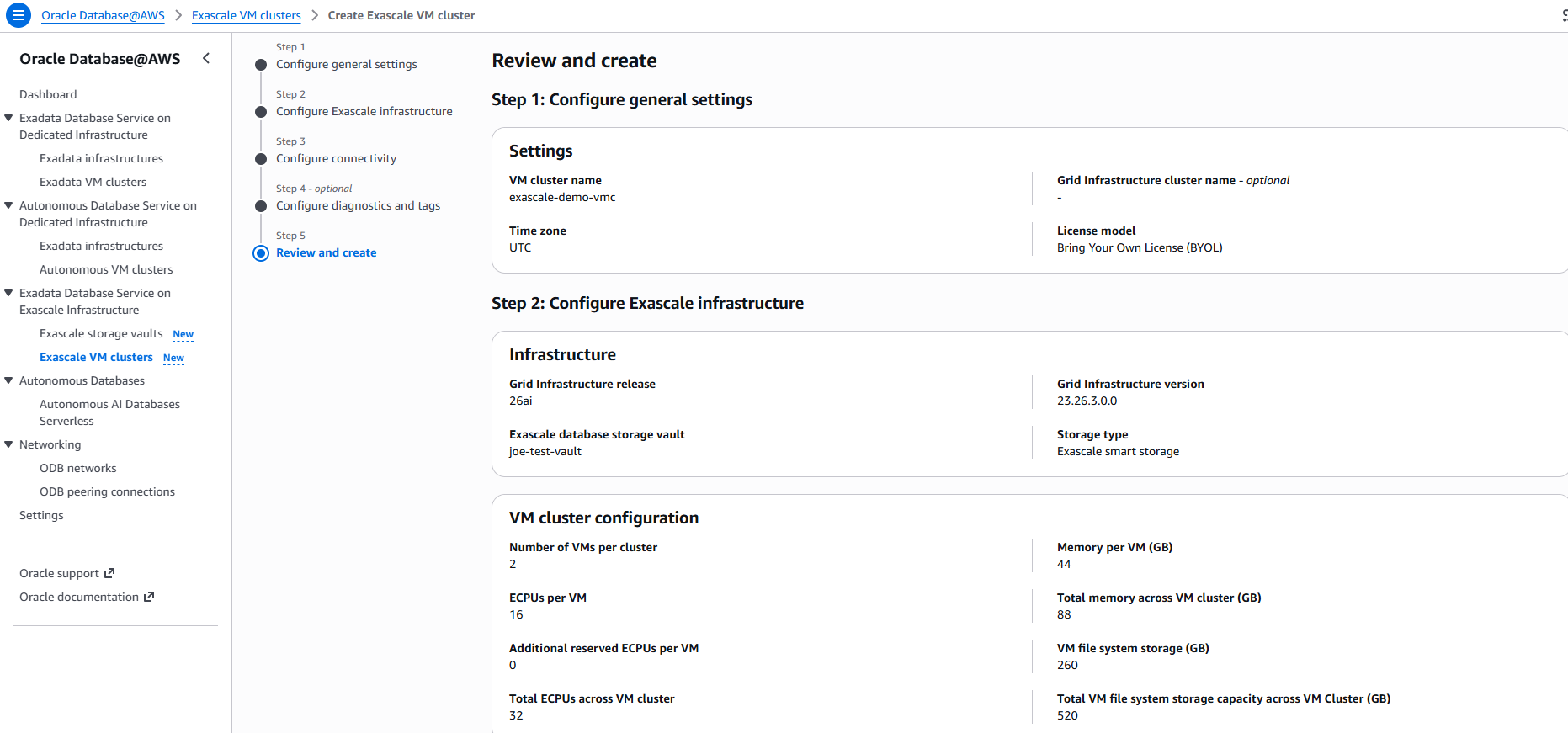 Exascale VM cluster review page showing general settings and VM cluster ECPU and memory configuration