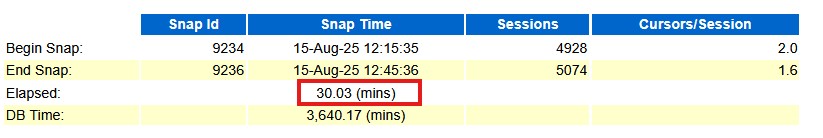 AWR report header section showing a 30-minute elapsed snapshot window