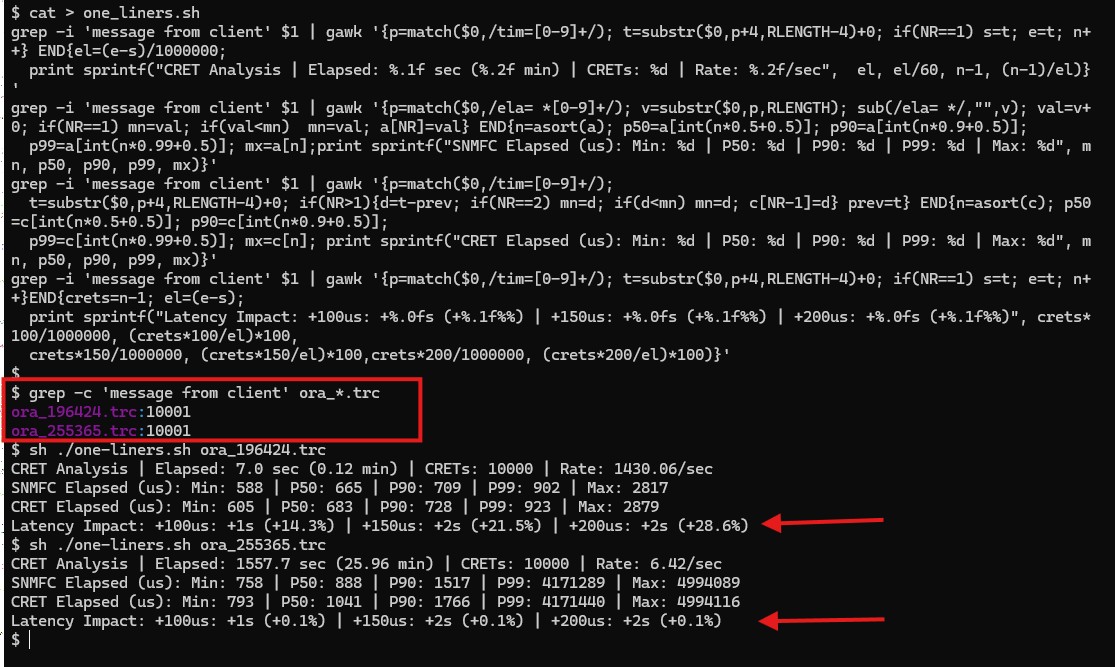 Terminal output of the four CRET one-liner commands run against two contrasting trace files