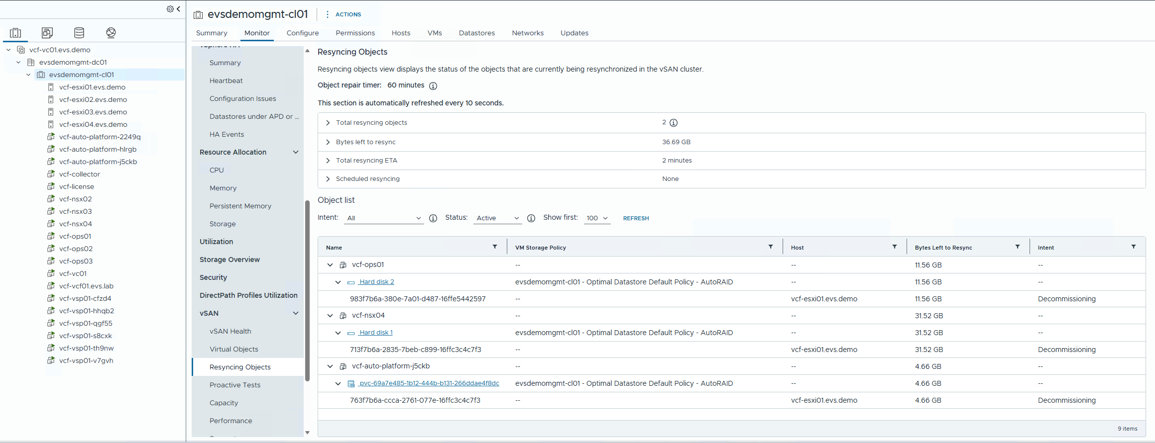 vSAN disk removal in progress