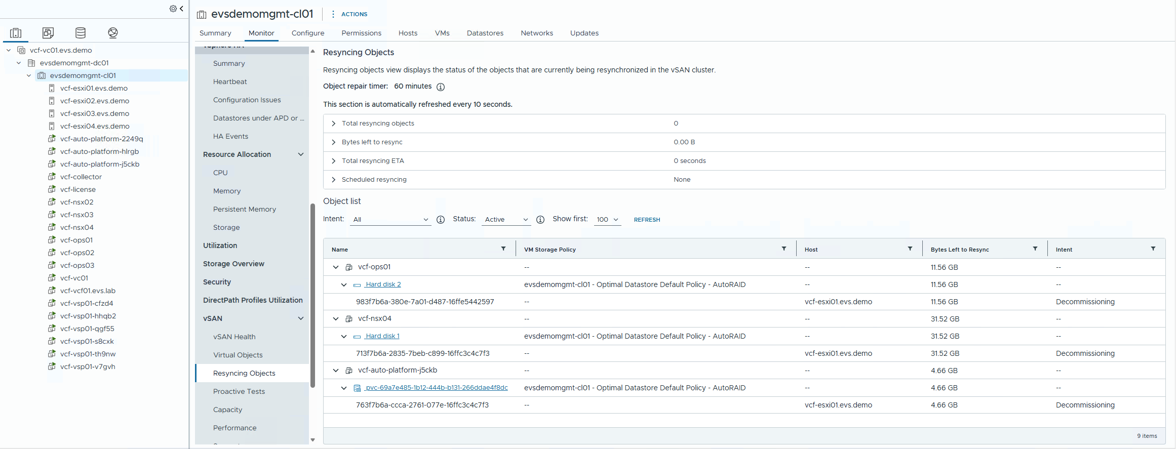 vSAN resync status after disk removal