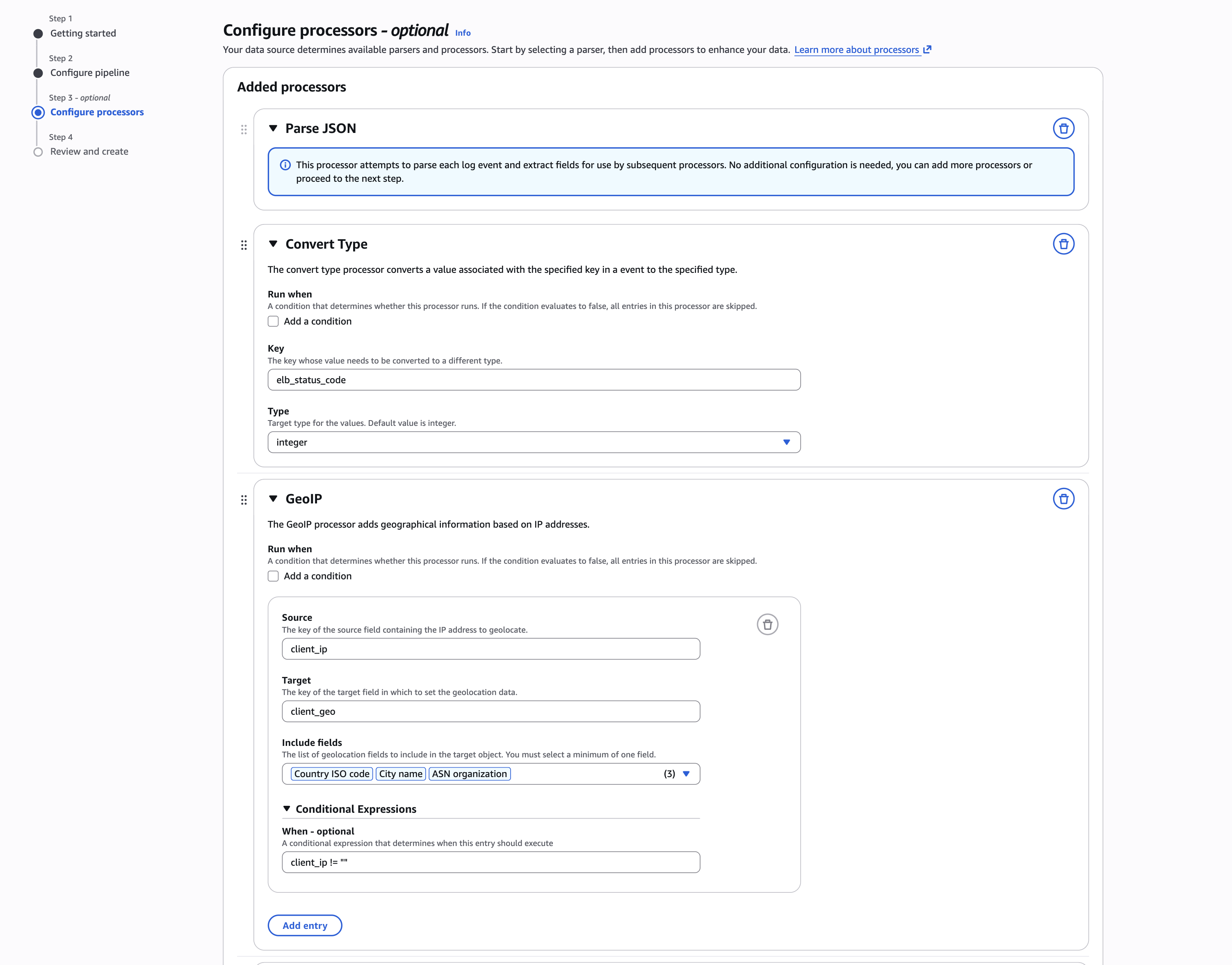 Figure 7: Configure processors page with Parse JSON, Convert Type, and GeoIP processors added