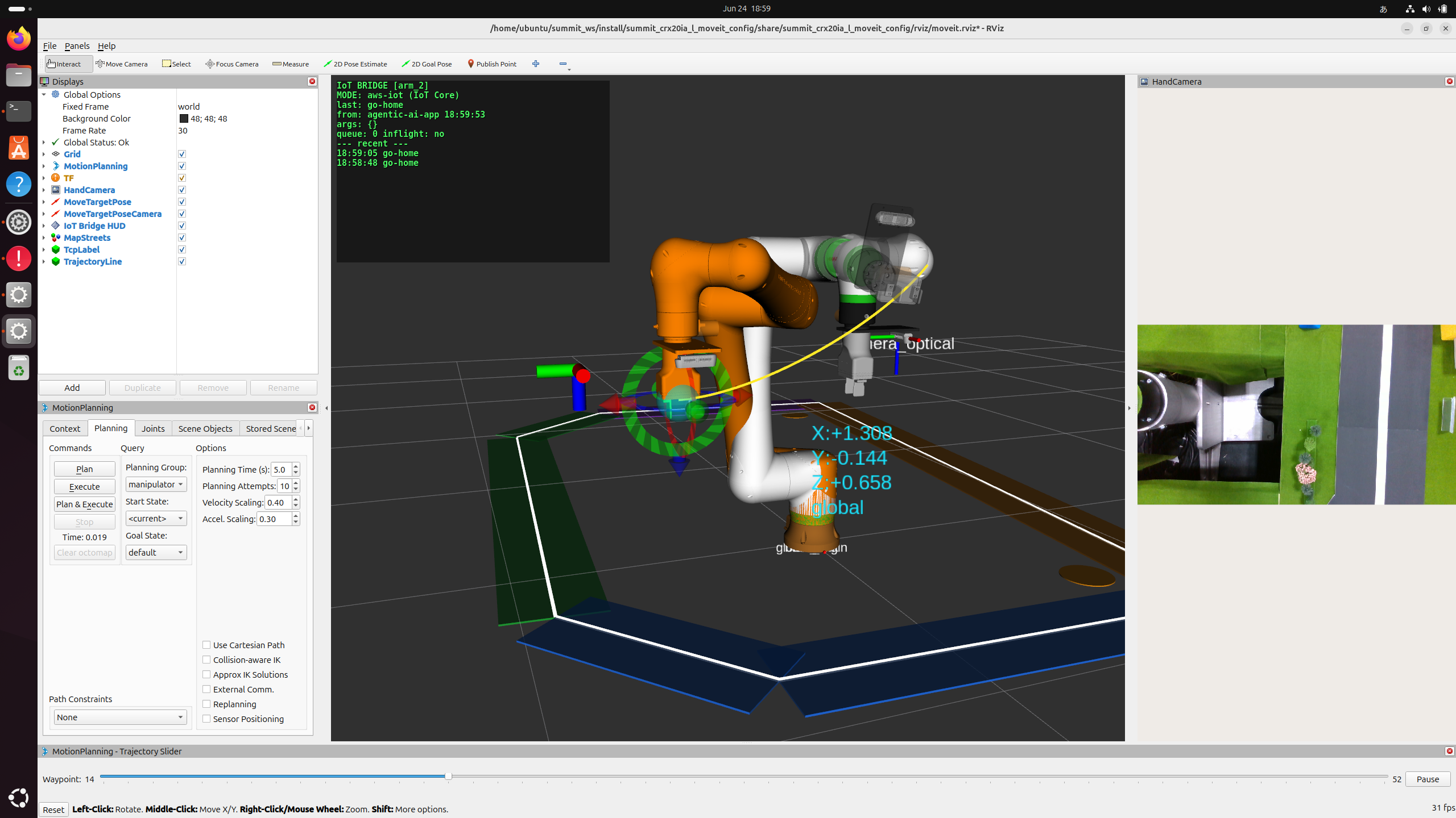 RViz 上で MoveIt 2 がロボットアームの軌道を計画している画面。白い現在姿勢とオレンジ色の目標姿勢のアームが表示され、両者を結ぶ黄色い軌道線が描かれている。