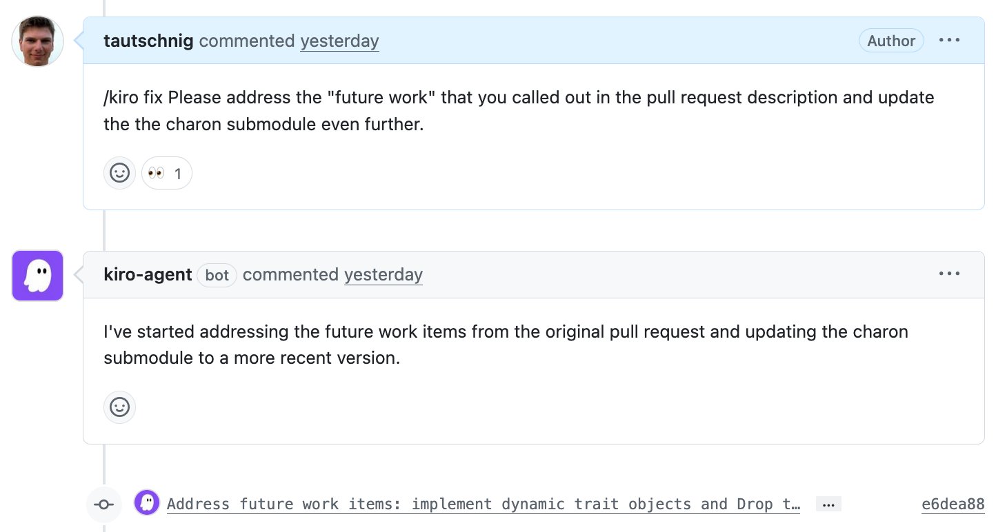 GitHub のプルリクエストの会話。メンテナーの tautschnig が /kiro fix とコメントし、プルリクエストの説明に挙がっていた future work への対応と charon サブモジュールのさらなる更新を依頼している。kiro-agent ボットが future work への対応とサブモジュールの更新を始めたと返信し、続いて Address future work items というコミットが追加されている