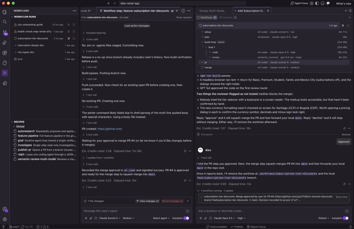左側にワークフロー実行と保存済みレシピを一覧表示する Workflows パネル、中央に pr ステップのワークフローステップセッション、右側に各ステップのエージェント・モデル・effort・所要時間を含む subscription-tier-discounts のステップツリーを表示するメインの会話がある Kiro IDE