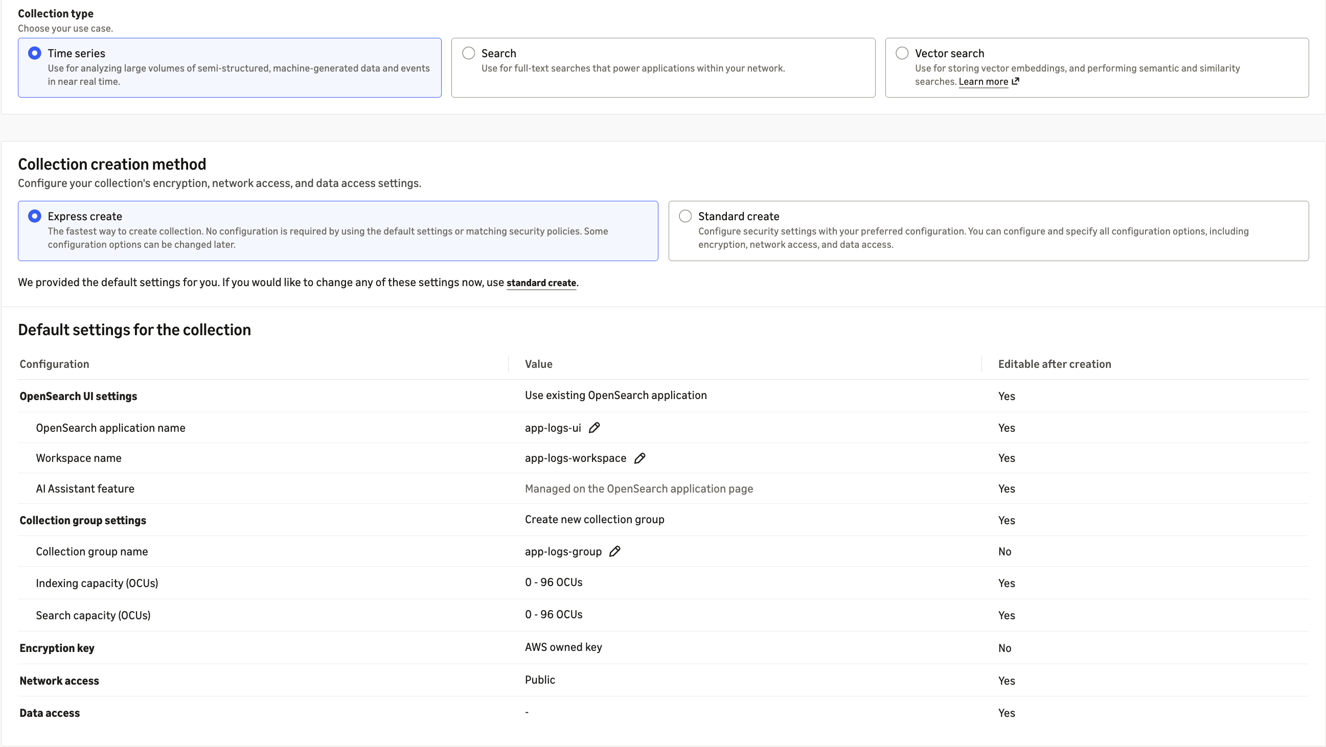 Express Create setting up the collection group, encryption, and network access with default settings