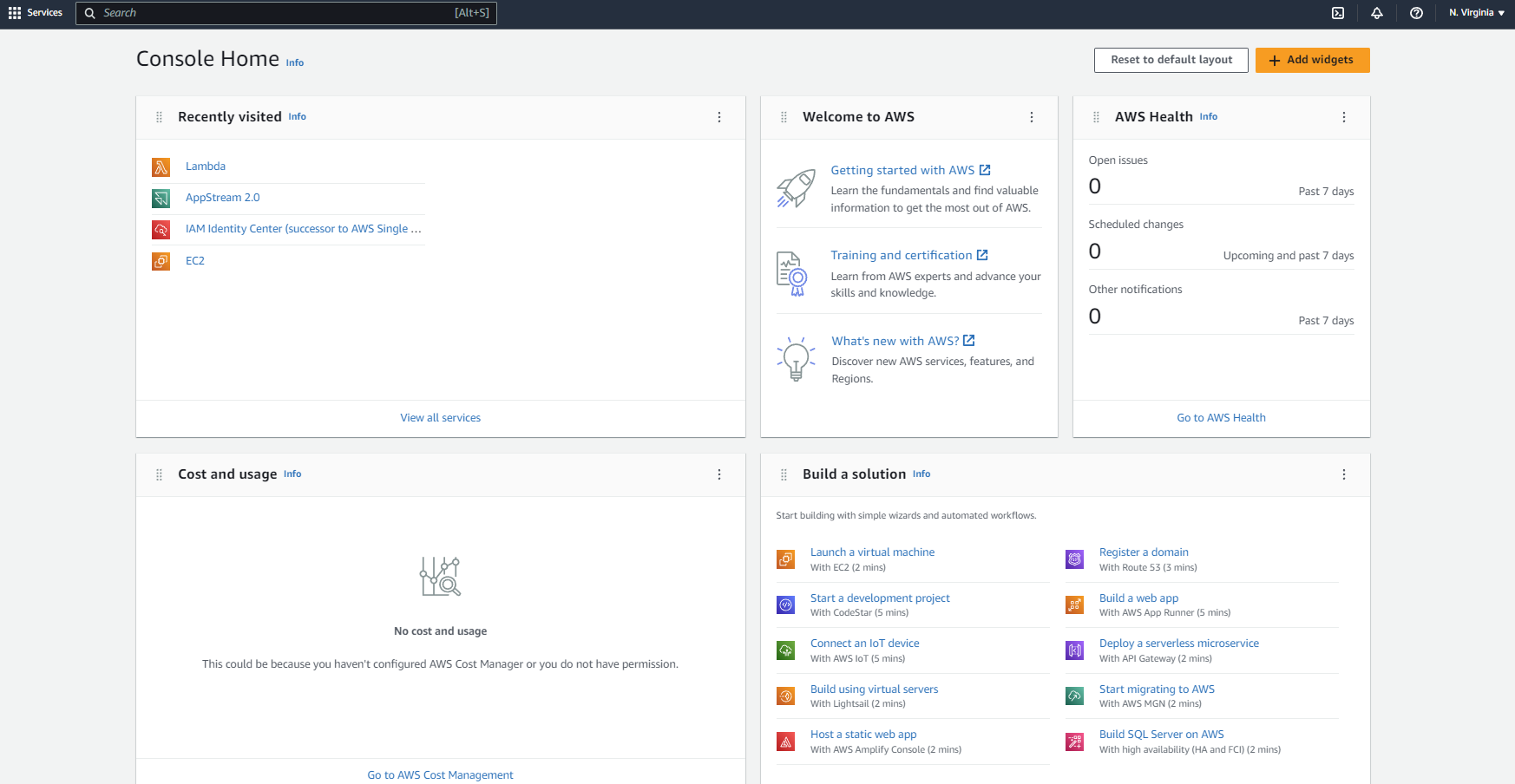 AWS Console Home displaying default widgets.