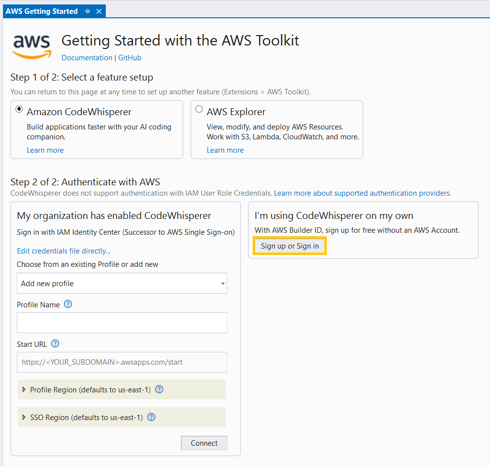 Configuring CodeWhisperer authentication in AWS Toolkit for Visual Studio startup page