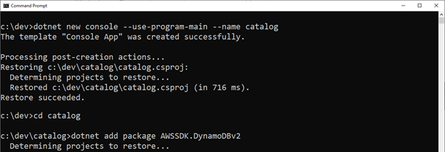dotnet commands to create console project and add AWS .NET DynamoDB SDK