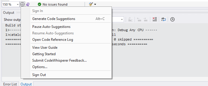 CodeWhisperer icon and context menu