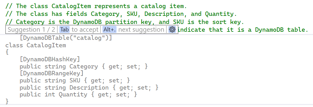CodeWhisperer generating a class with DynamoDB attributes