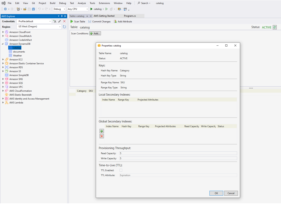 Viewing the created DynamoDB table in the AWS Explorer