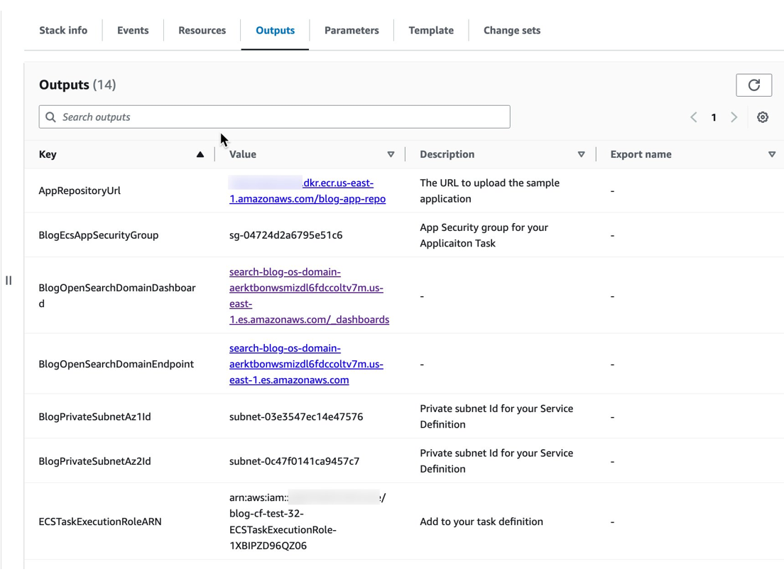 Outputs generated by the CloudFormation stack.