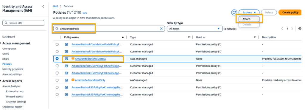 Figure 7: The Policies screen in the AWS IAM console