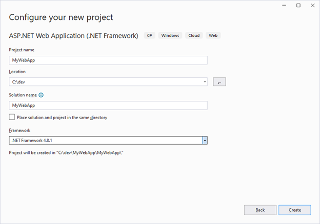 Figure 2: Creating web application in Visual Studio