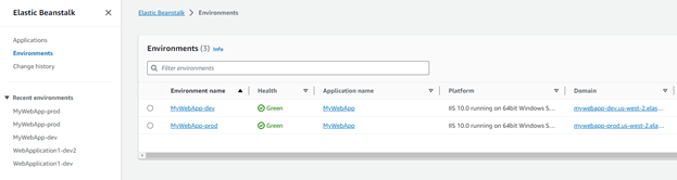 Figure 12: Viewing environments in the AWS console