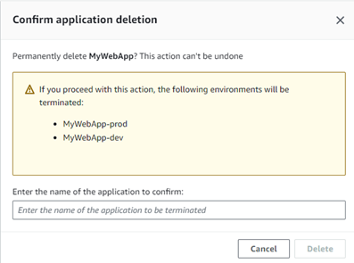 Figure 14: Application deletion in the AWS console