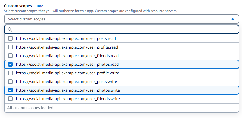 Figure 3: Selecting custom scopes in the Amazon Cognito console