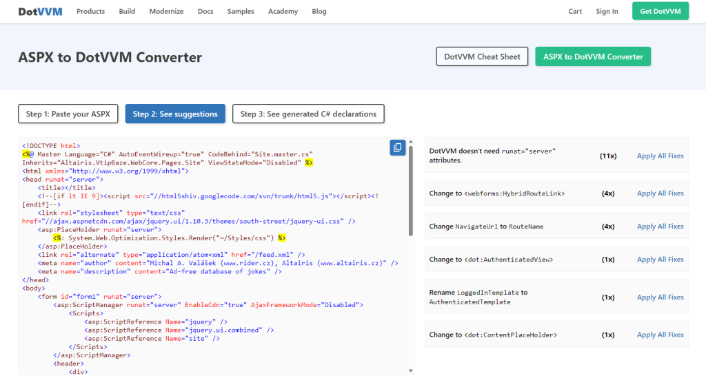 Figure 4 Using the ASPX to DotVVM Converter