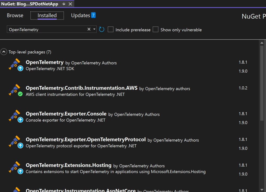 Figure 3: Adding the required OpenTelemetry NuGet packages