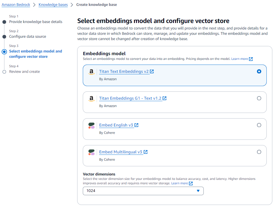 Figure 6: Select embeddings model and configure vector store