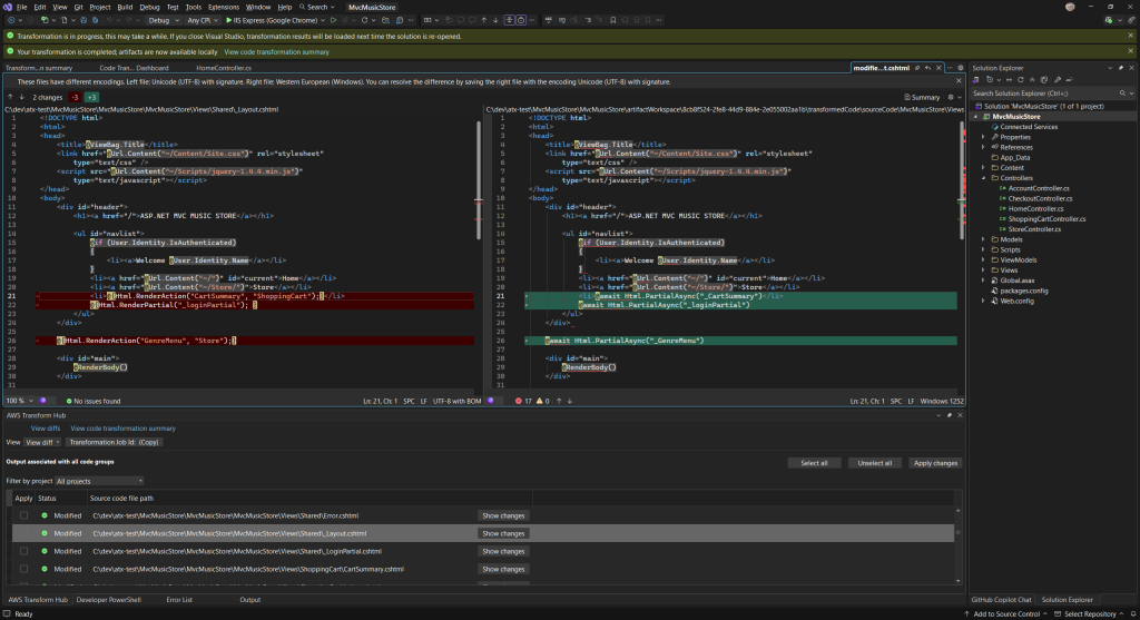 Screenshot of code diff comparison in Visual Studio.