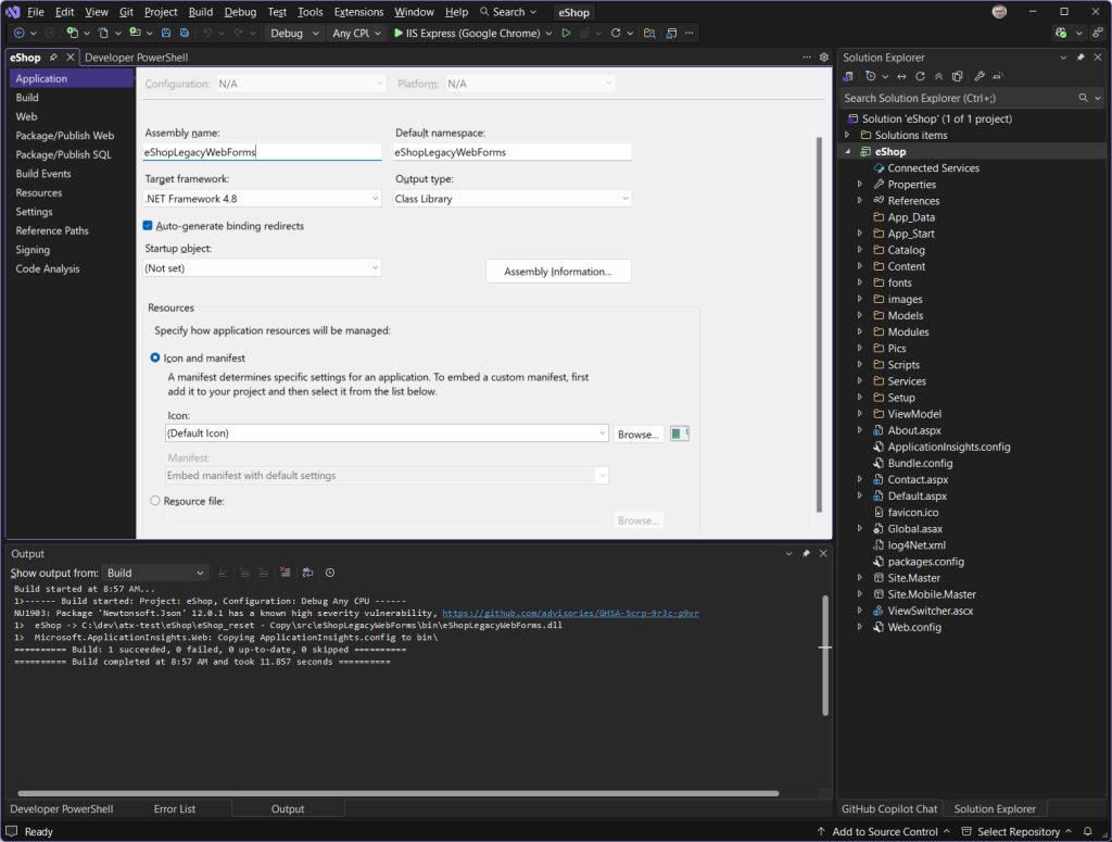 Screenshot of Web Forms project in Visual Studio showing .NET Framework version and successful build.