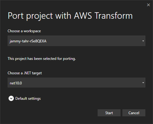 Screenshot of port project with AWS Transform dialog showing target of .NET 10.