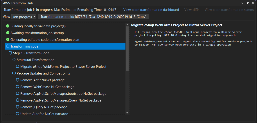 Screenshot of AWS Transform Hub progress steps and details in Visual Studio.