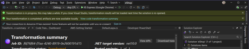 Screenshot of transformation complete notification in Visual Studio.