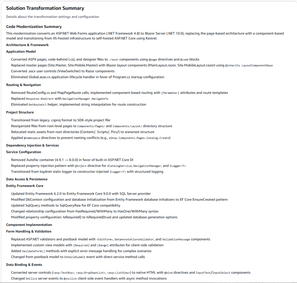 Transormation report showing Web Forms to Blazor transformation details.