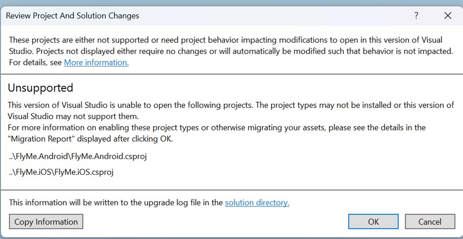 Screenshot of unsupported projects warning dialog in Visual Studio 2026