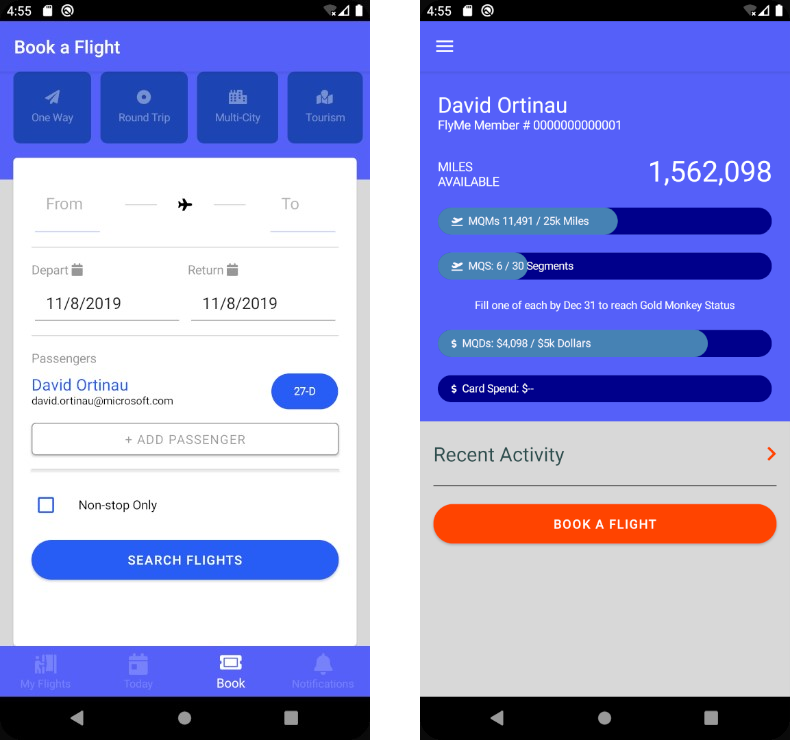 FlyMe Xamarin.Forms application screenshot showing flight booking interface