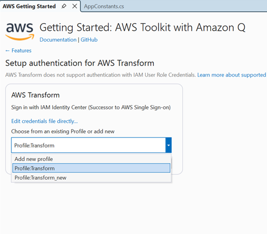 Screenshot to select appropriate profile for AWS Transform