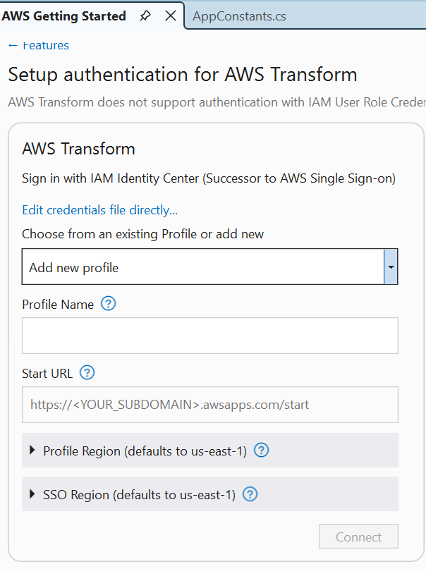 Screenshot to select appropriate profile for AWS Transform