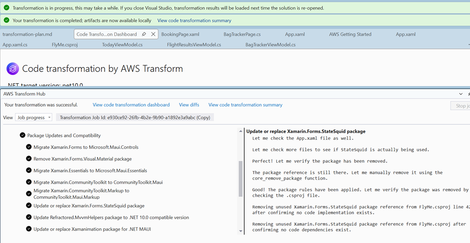 Screenshot Showing AWS Transformation Job progress