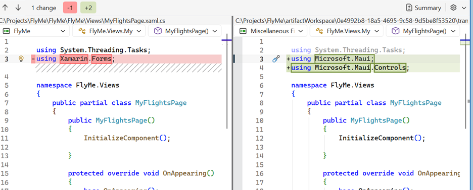 Screenshot showing C# code diff side by side