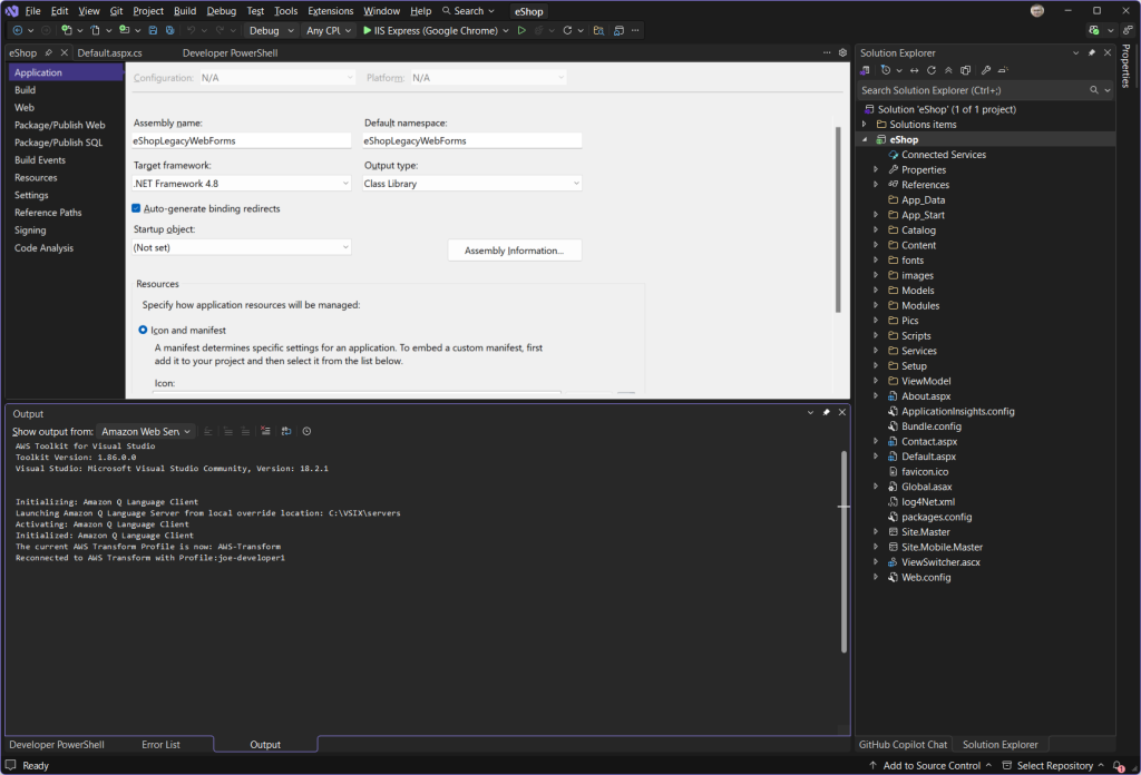 Screenshot of solution open in Visual Studio showing project properties and .NET Framework 4.8 version.